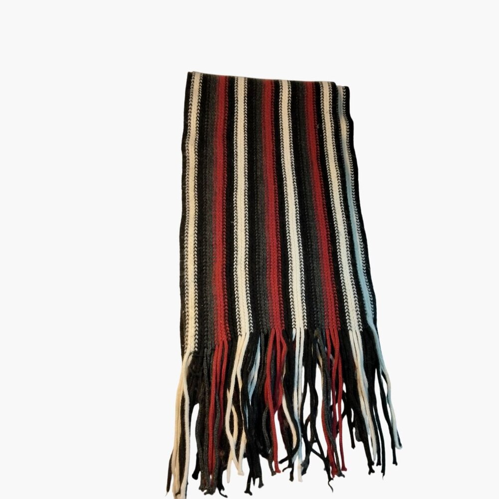 Striped Knit Scarf Fringe Red Black White Handcrafted Unisex Long Warm Winter